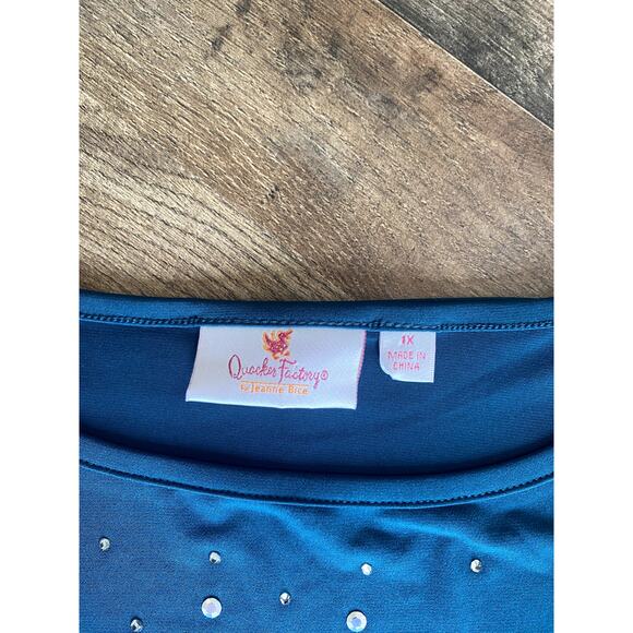 Quacker Factory Green Sparkle & Shine Rhinestone Sharkbite Top Womens 1X - Picture 5 of 5